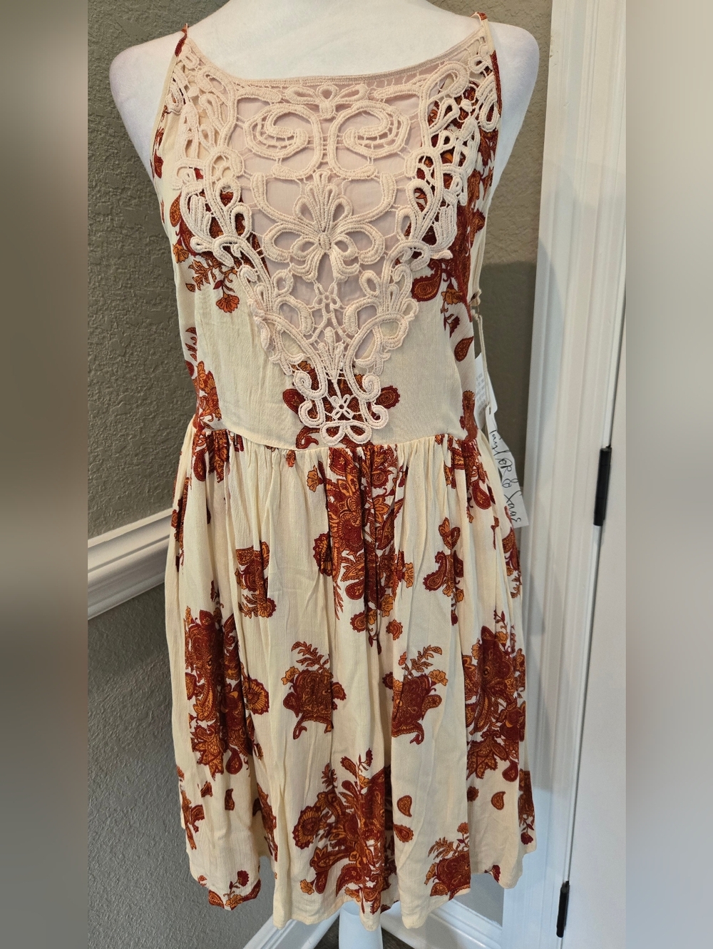 Taylor & Sage Cream Mini Dress with Rust Floral Print and Crochet Yoke